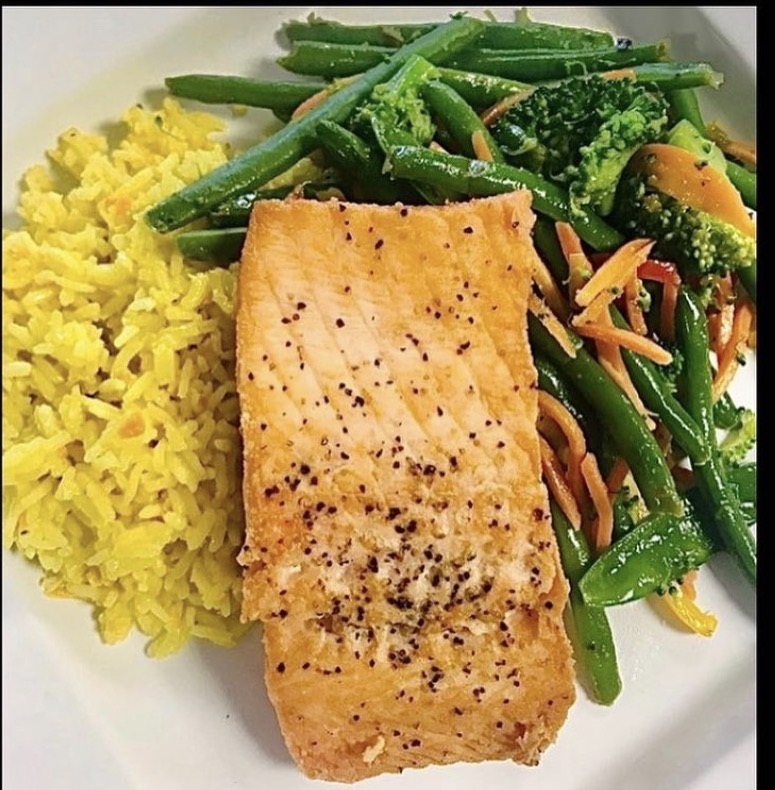 Salmon with rice and greens