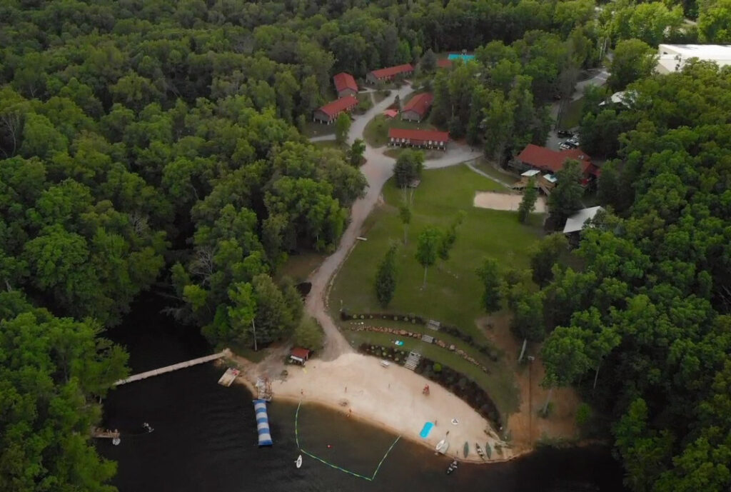 Lake Frances Retreats lakeside overhead drone shot