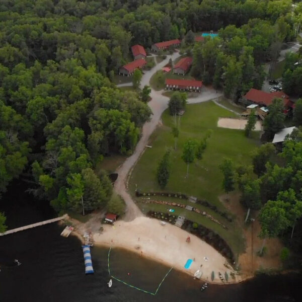 Lake Frances Retreats lakeside overhead drone shot