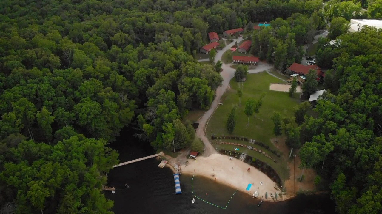 Lake Frances Retreats lakeside overhead drone shot